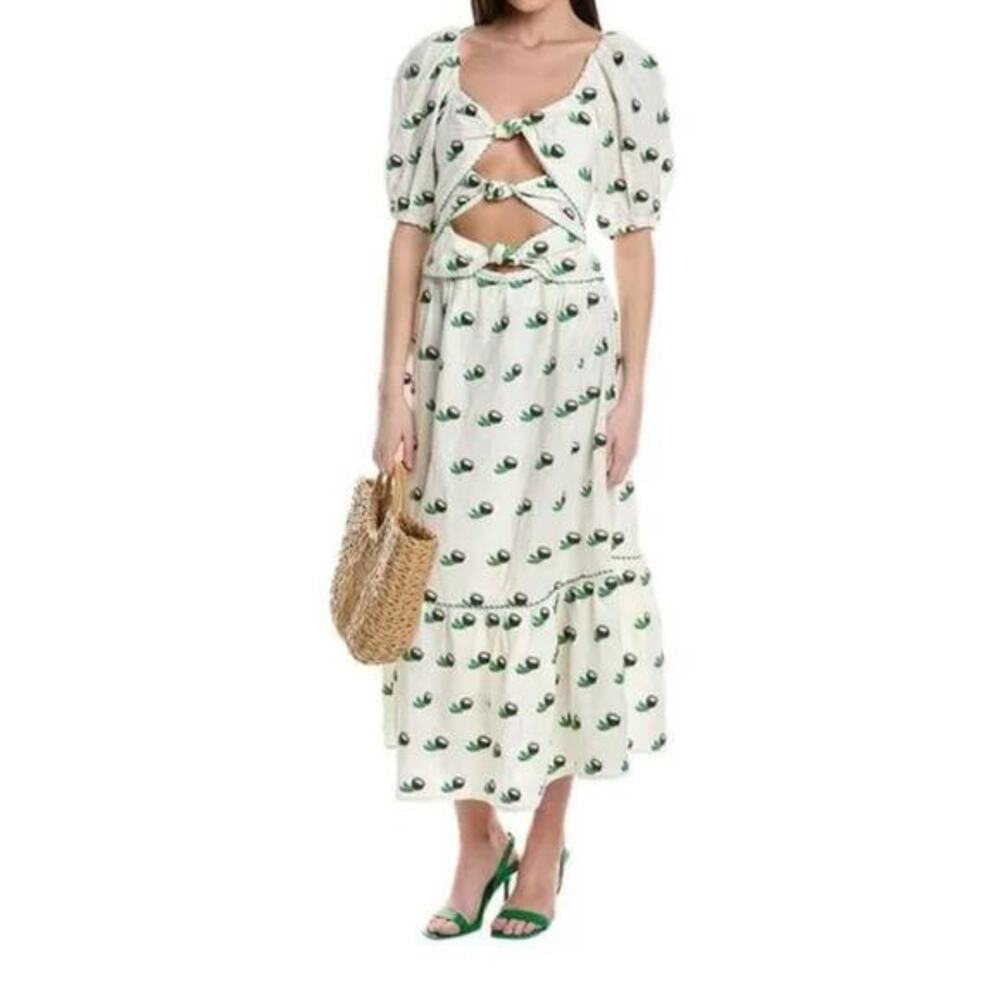 FARM RIO Cross Stitch Coconut‎ Embroidered Midi Dress linen NWT small - Picture 5 of 14